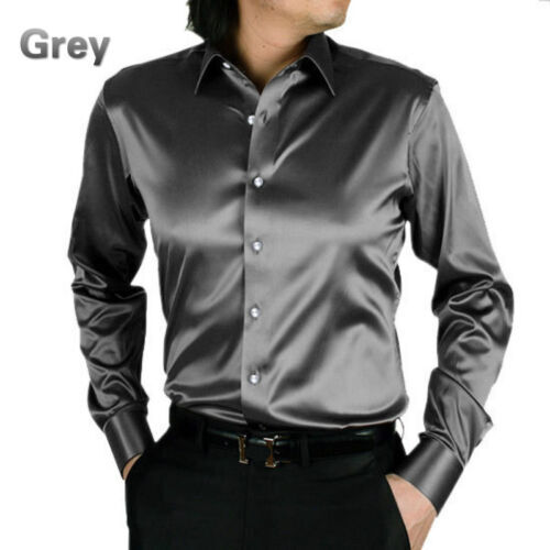 Formal Men Faux Satin Silk Dress Shirt Long Sleeve Business Casual Tops Classic - Picture 23 of 25
