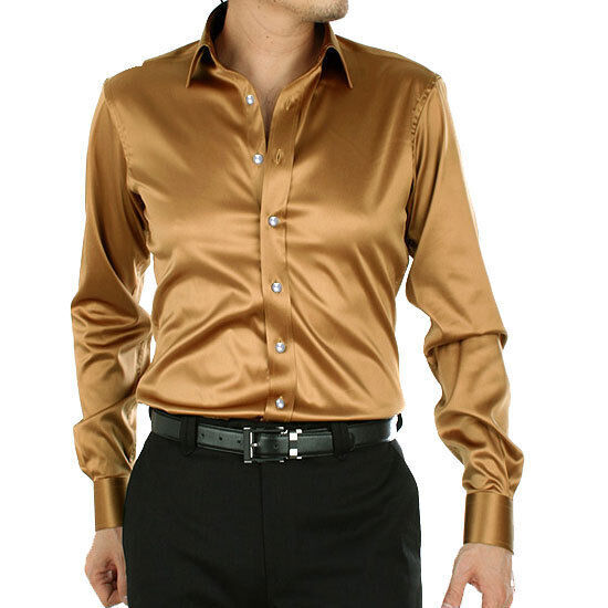 Formal Men Faux Satin Silk Dress Shirt Long Sleeve Business Casual Tops Classic - Picture 24 of 25