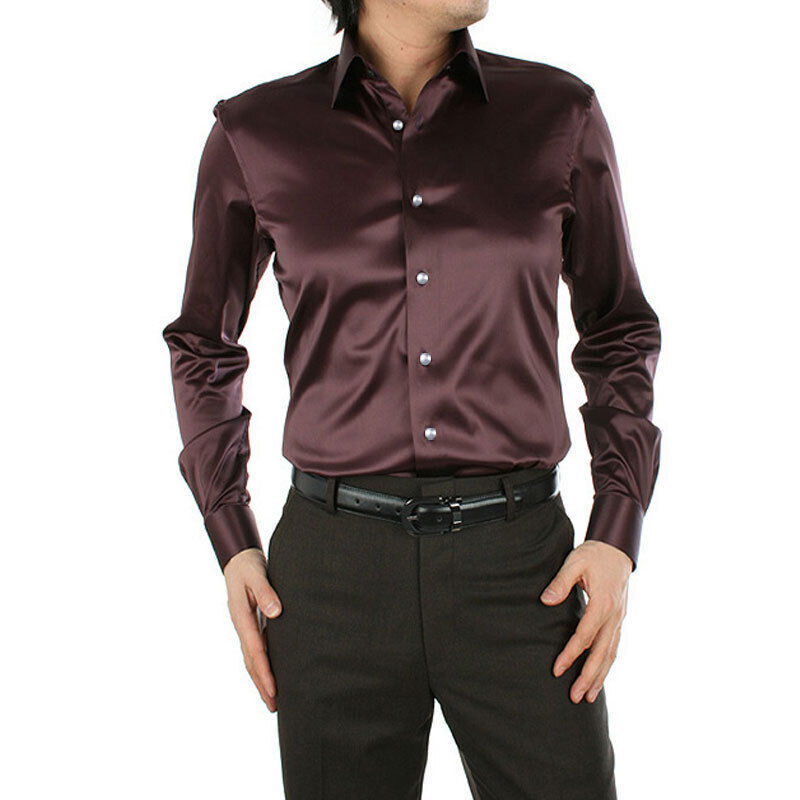 Formal Men Faux Satin Silk Dress Shirt Long Sleeve Business Casual Tops Classic - Picture 25 of 25