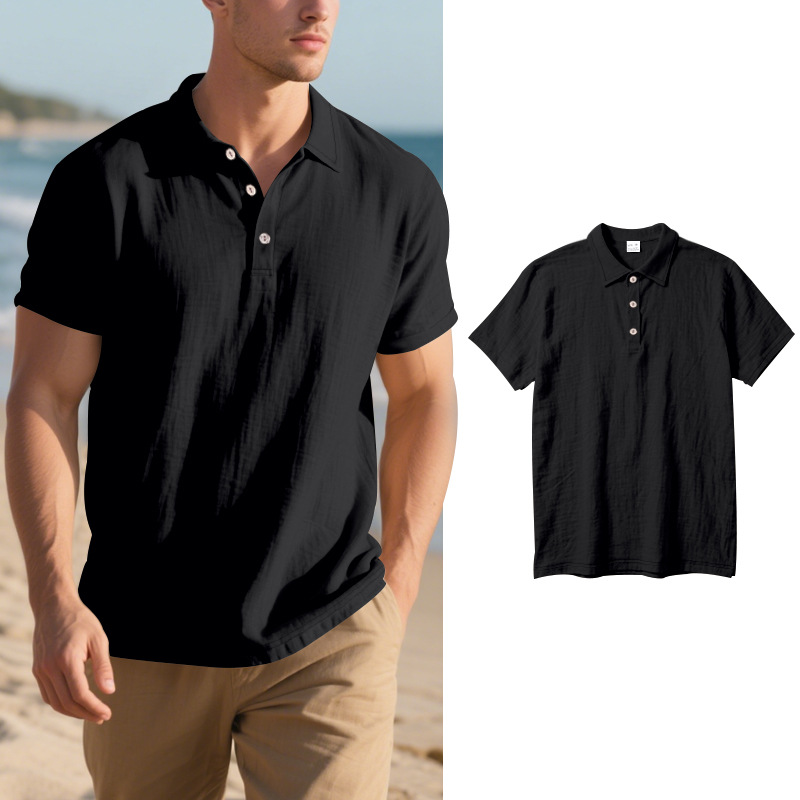 New Men's Linen Polo Shirt - Breathable Casual Short Sleeve T-Shirt - Picture 25 of 31