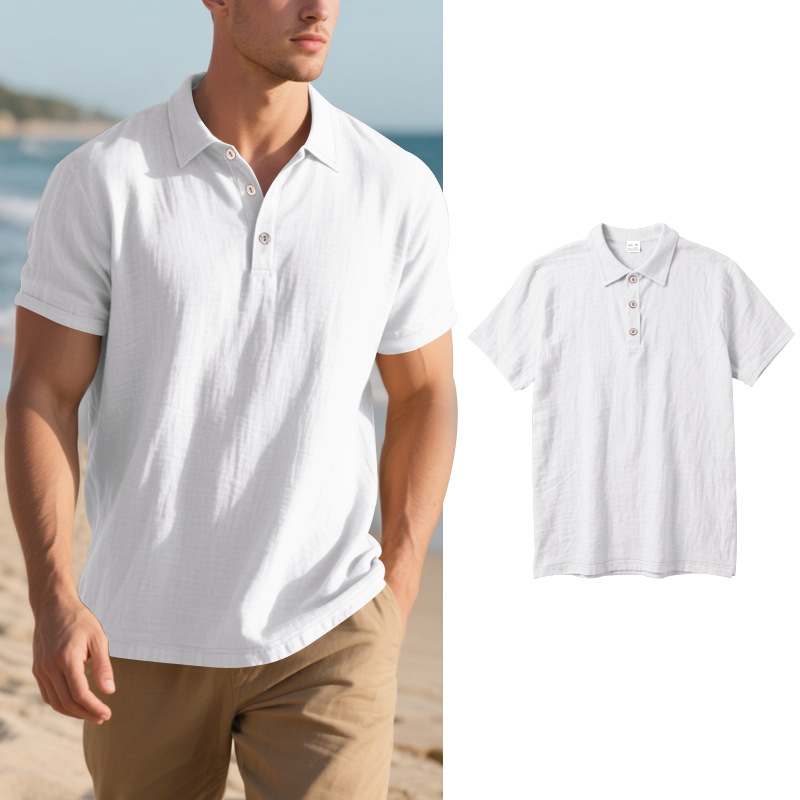 New Men's Linen Polo Shirt - Breathable Casual Short Sleeve T-Shirt - Picture 26 of 31