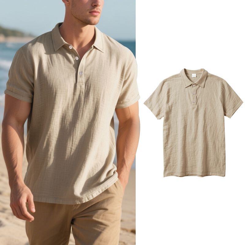 New Men's Linen Polo Shirt - Breathable Casual Short Sleeve T-Shirt - Picture 27 of 31