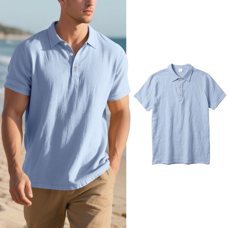 New Men's Linen Polo Shirt - Breathable Casual Short Sleeve T-Shirt - Picture 28 of 31