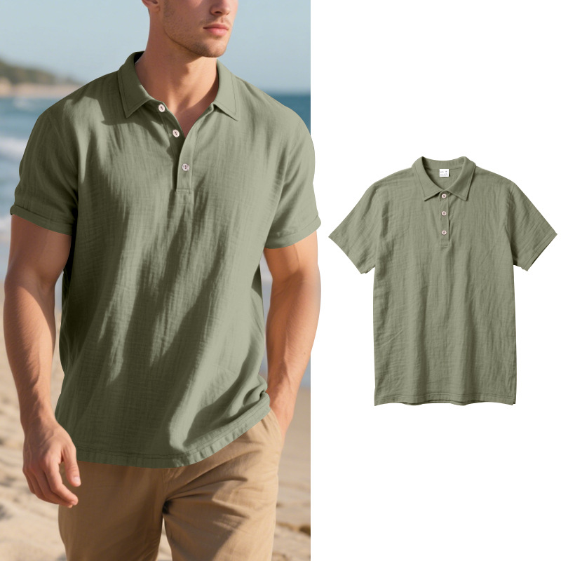 New Men's Linen Polo Shirt - Breathable Casual Short Sleeve T-Shirt - Picture 29 of 31
