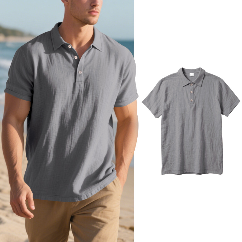 New Men's Linen Polo Shirt - Breathable Casual Short Sleeve T-Shirt - Picture 30 of 31