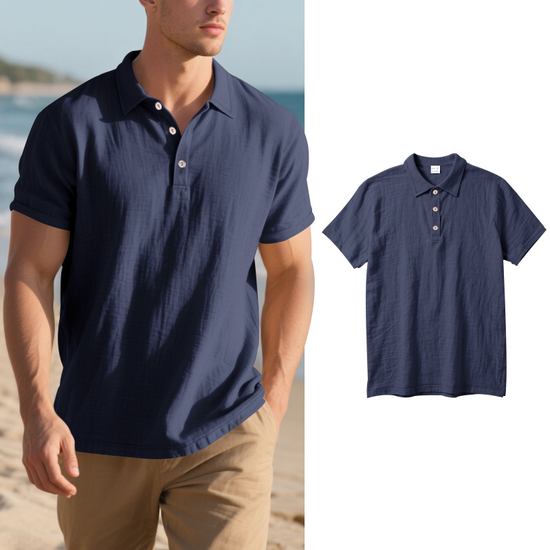 New Men's Linen Polo Shirt - Breathable Casual Short Sleeve T-Shirt - Picture 31 of 31