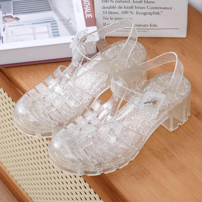 Ladies jelly shoes heels sandals holiday beach party glitter women