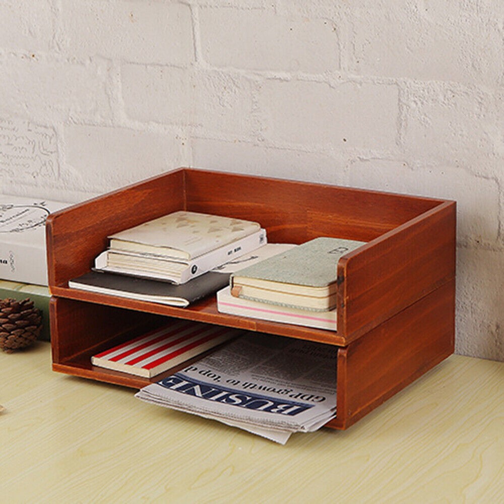 Wooden Desktop File Storage Rack Office A4 Paper Holder Book Shelf Mult Tier - Picture 16 of 18