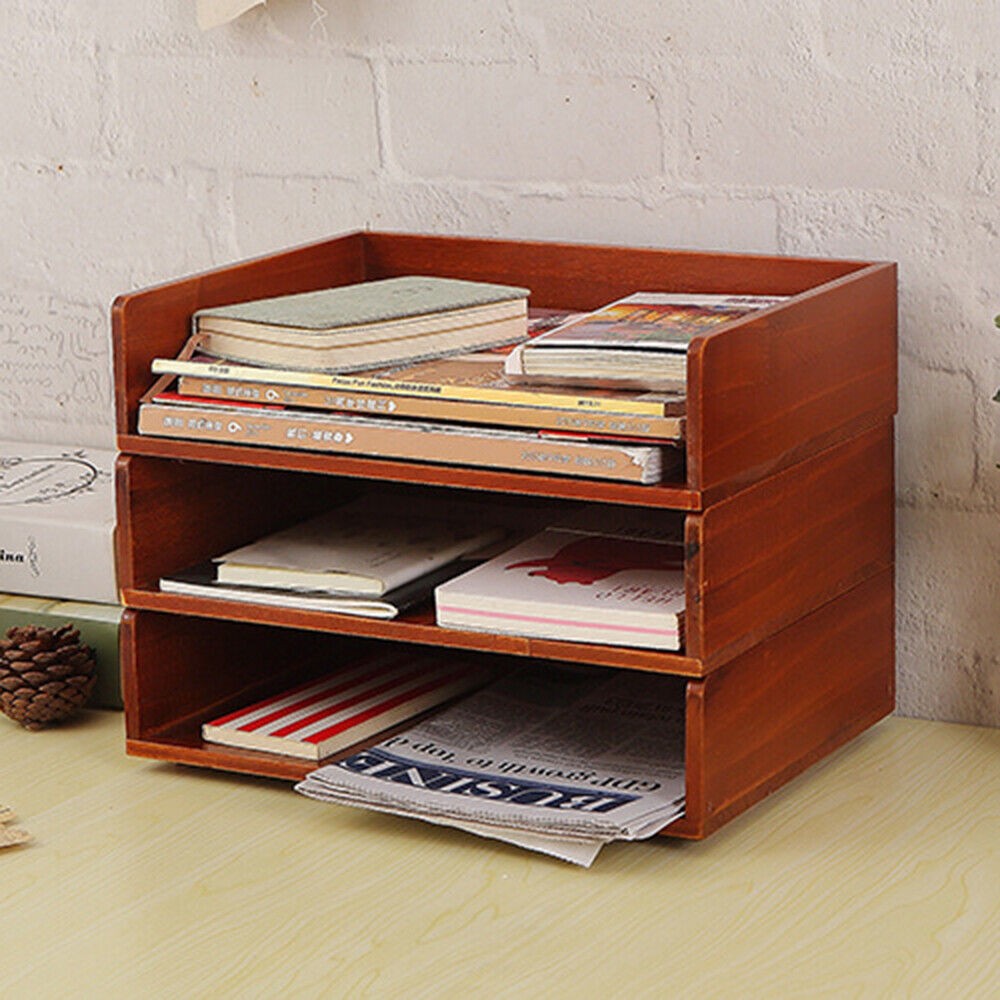 Wooden Desktop File Storage Rack Office A4 Paper Holder Book Shelf Mult Tier - Picture 17 of 18
