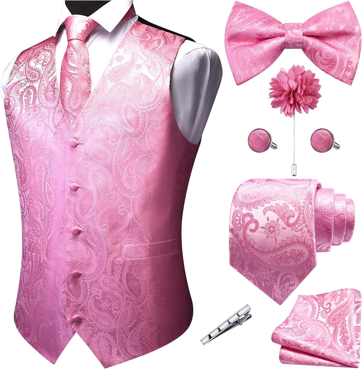 Men's 7PCS Formal Suit Vest Set V-Neck Paisley Jacquard Waistcoat Tie Bow Tie