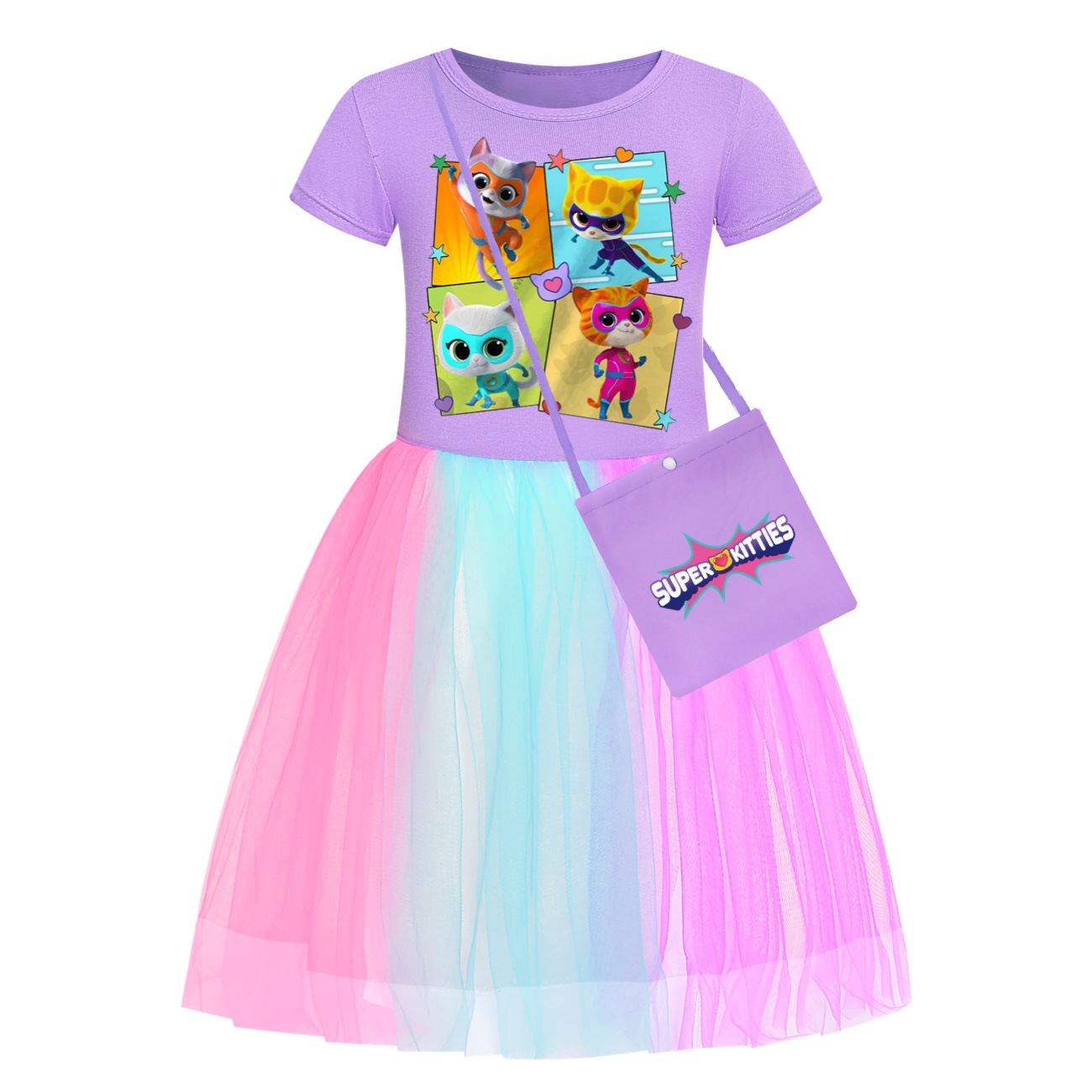 Kids Girls Super-Kitties Dress Cosplay Mesh Sequin Party Fancy Dress+Bag Outfits - Picture 7 of 14