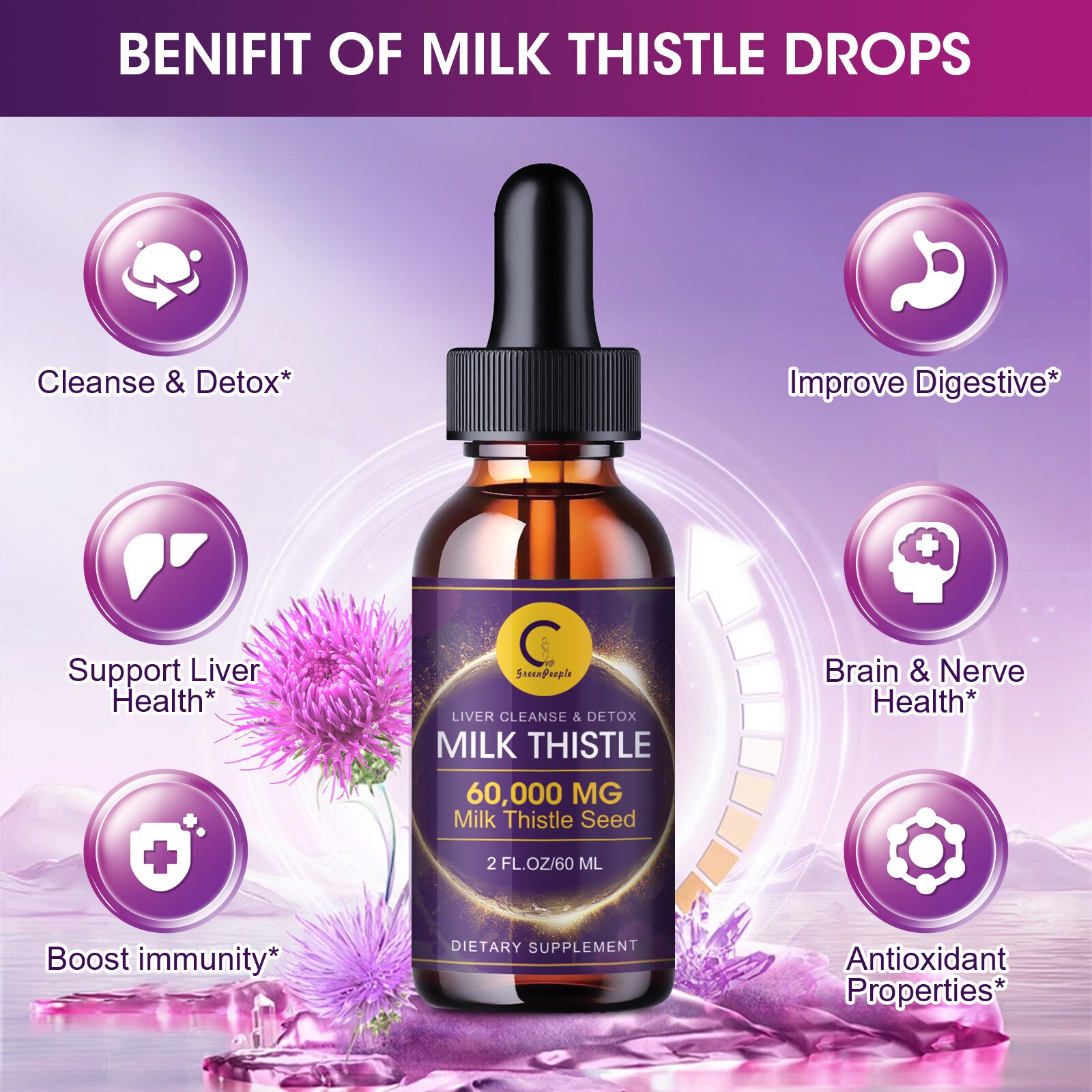 Liver Cleanse & Detox Support Herbal Supplement Milk Thistle Liquid Drop