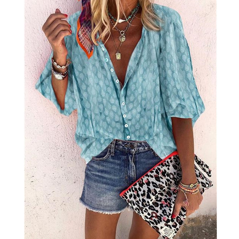 Sommer Neu Mode Damen Freizeit Bedruckt Kurzarm Locker Revers Shirt - Bild 13 von 14