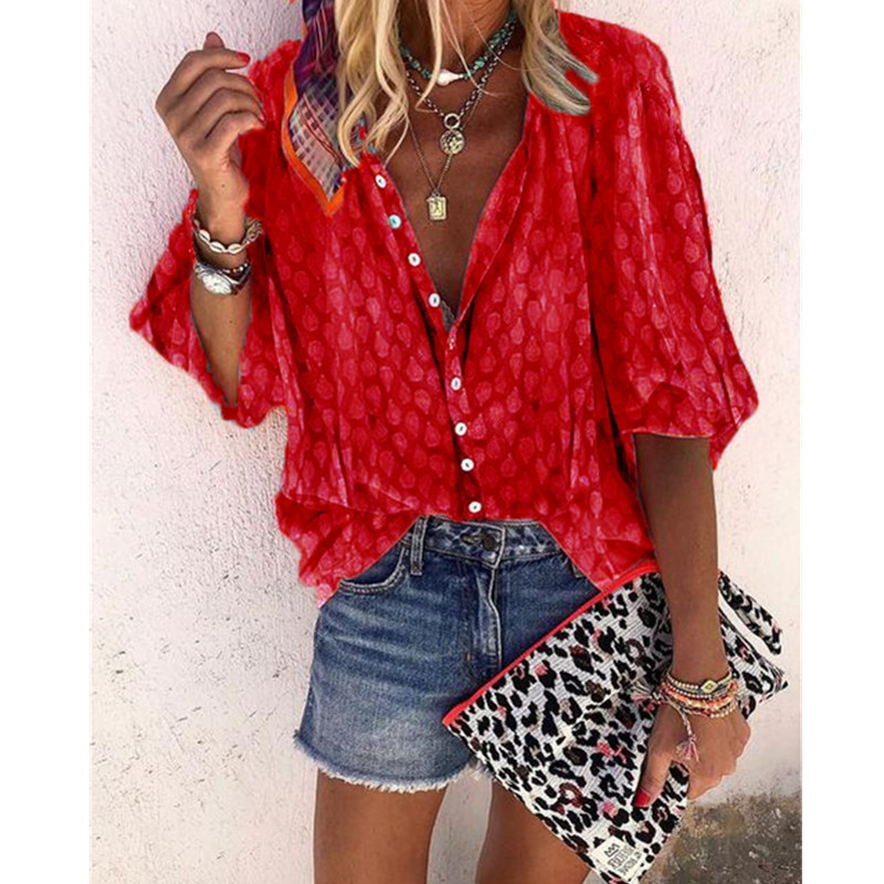 Sommer Neu Mode Damen Freizeit Bedruckt Kurzarm Locker Revers Shirt - Bild 9 von 14