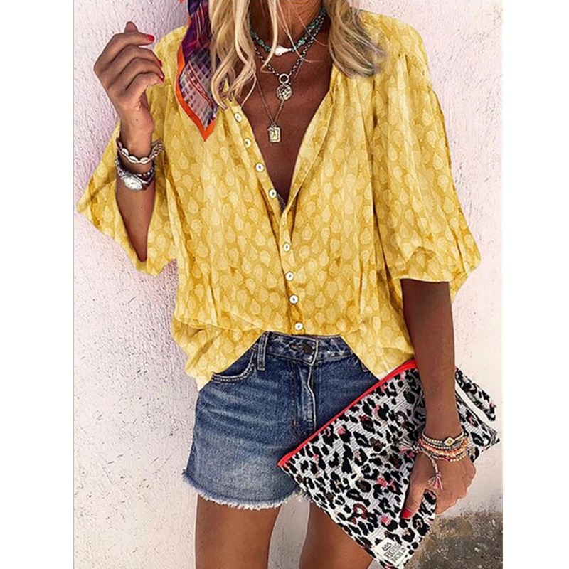 Sommer Neu Mode Damen Freizeit Bedruckt Kurzarm Locker Revers Shirt - Bild 10 von 14