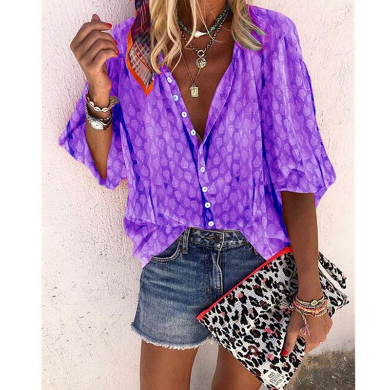 Sommer Neu Mode Damen Freizeit Bedruckt Kurzarm Locker Revers Shirt - Bild 11 von 14
