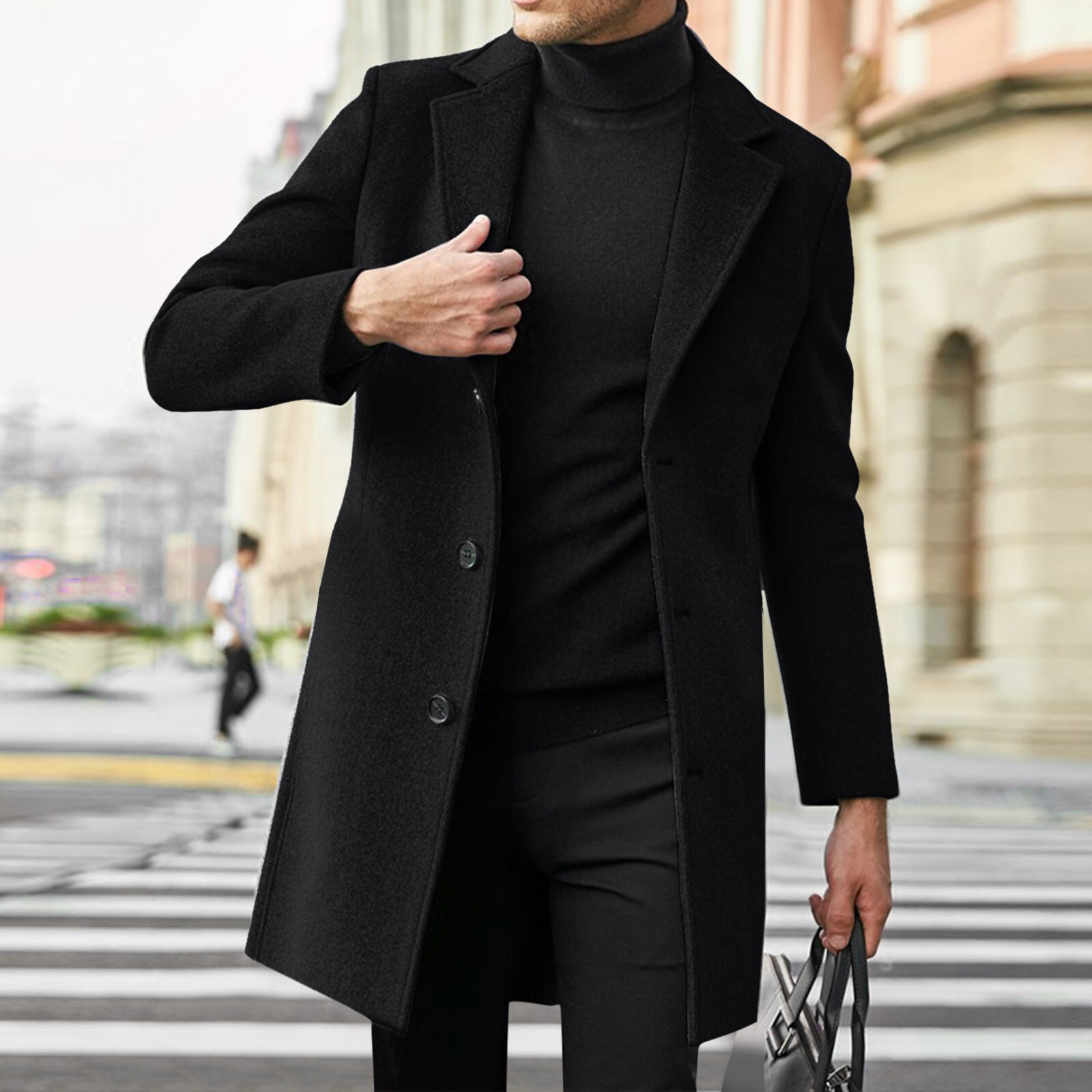 Men Single Breasted Trench Coat Pea Coat Notch Lapel Long Casual Overcoat - Picture 16 of 23