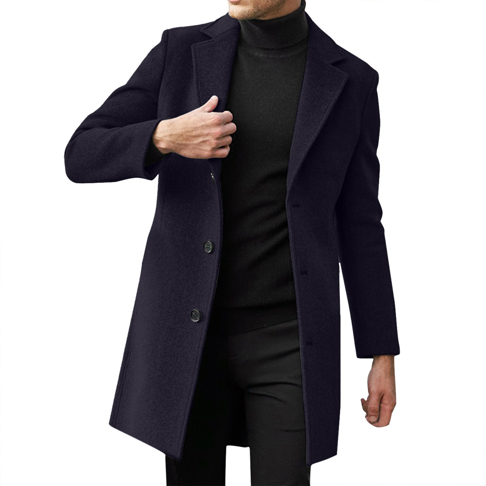 Men Single Breasted Trench Coat Pea Coat Notch Lapel Long Casual Overcoat - Picture 18 of 23