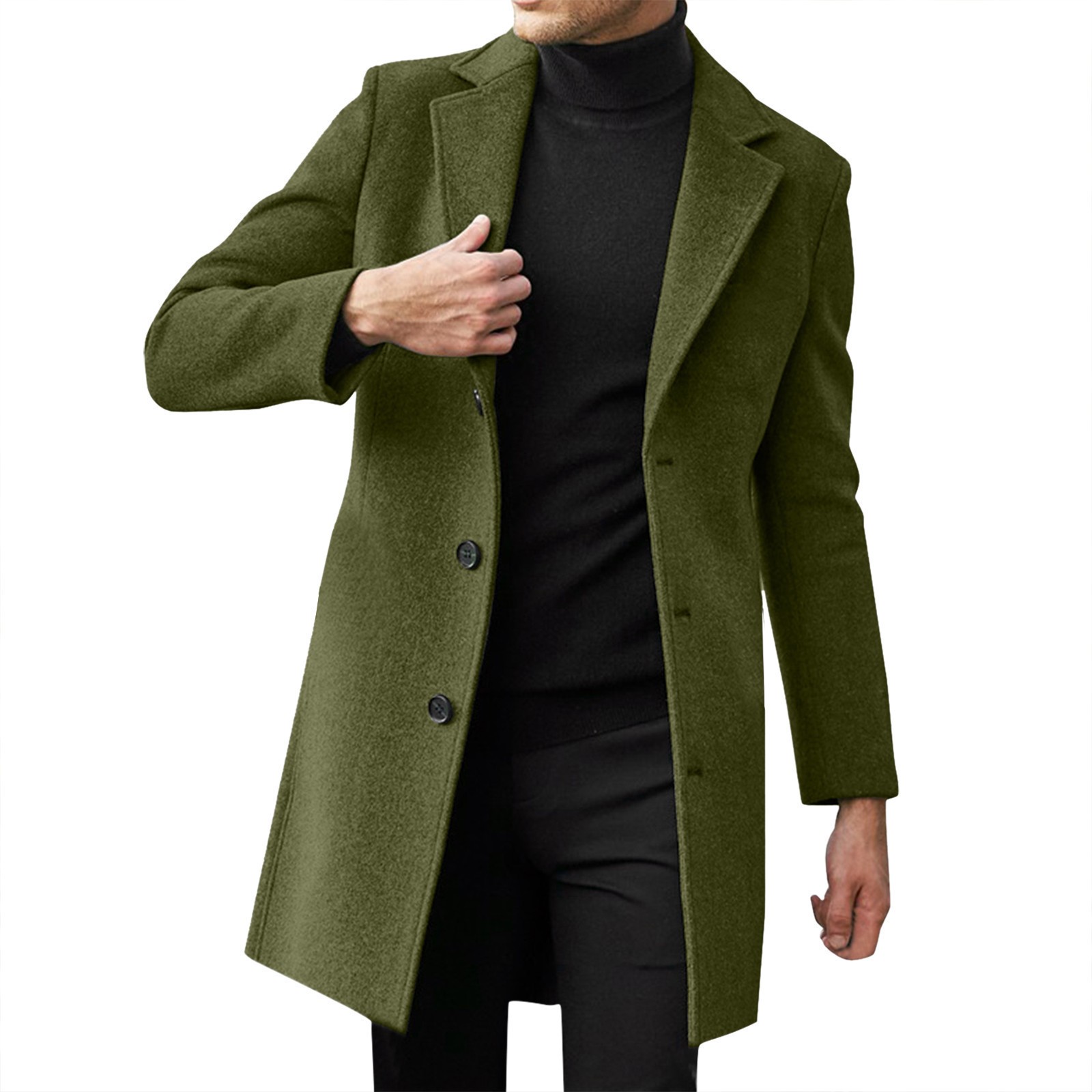 Men Single Breasted Trench Coat Pea Coat Notch Lapel Long Casual Overcoat - Picture 23 of 23