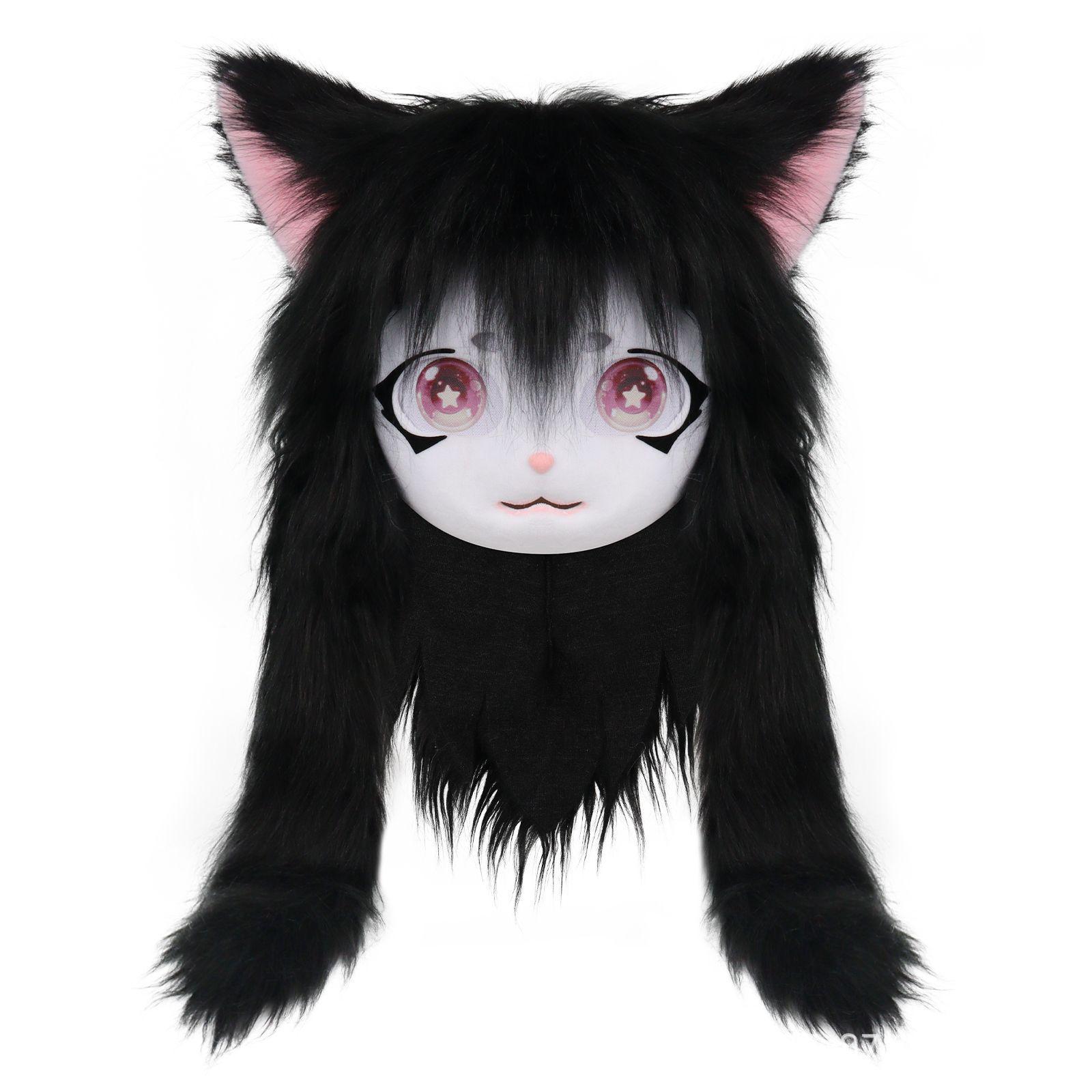 Copricapo indossabile Carino Fursuit Kig Series Lolita orecchie di gatto cos peluche testa di animale - Foto 25 di 35