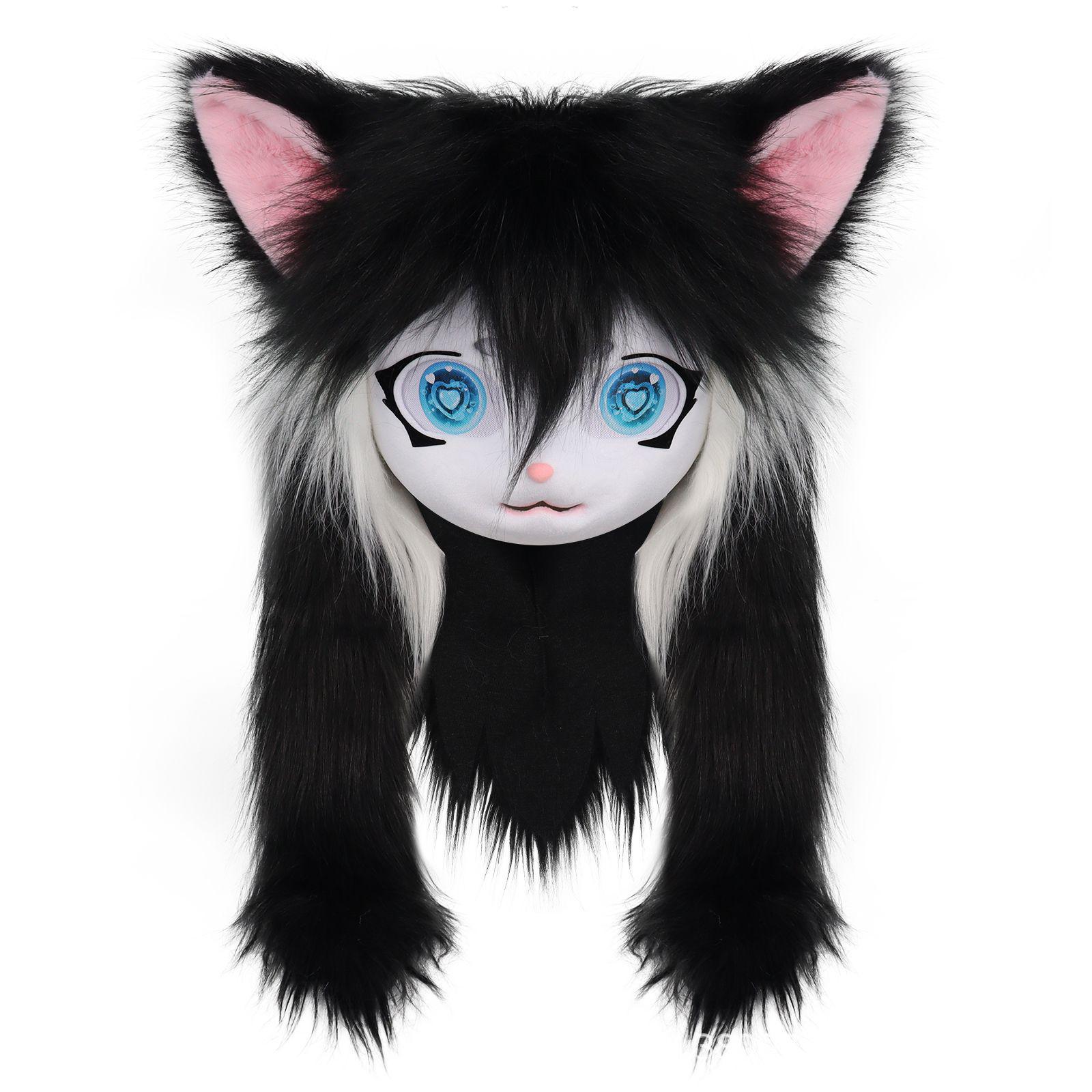 Copricapo indossabile Carino Fursuit Kig Series Lolita orecchie di gatto cos peluche testa di animale - Foto 29 di 35