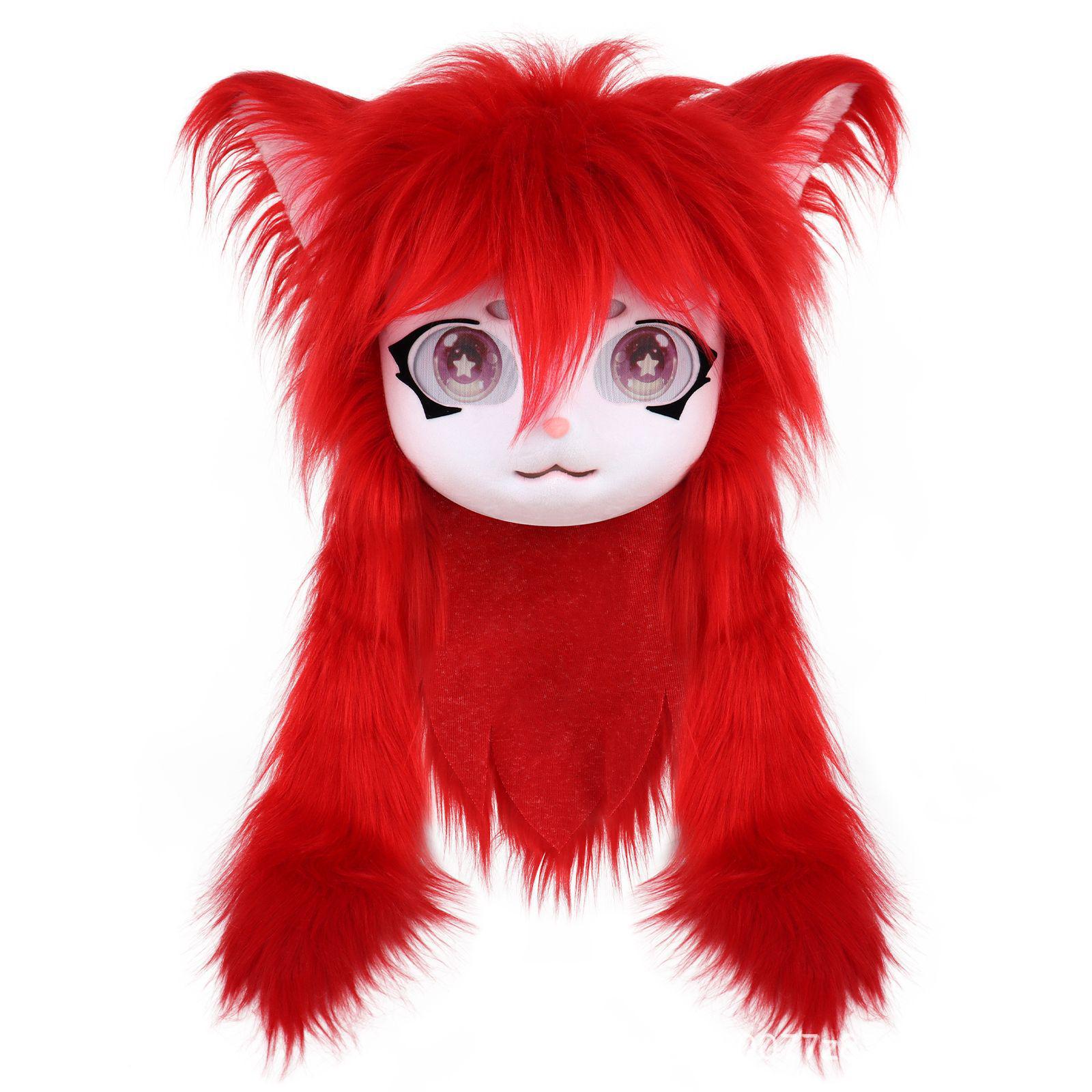 Copricapo indossabile Carino Fursuit Kig Series Lolita orecchie di gatto cos peluche testa di animale - Foto 32 di 35