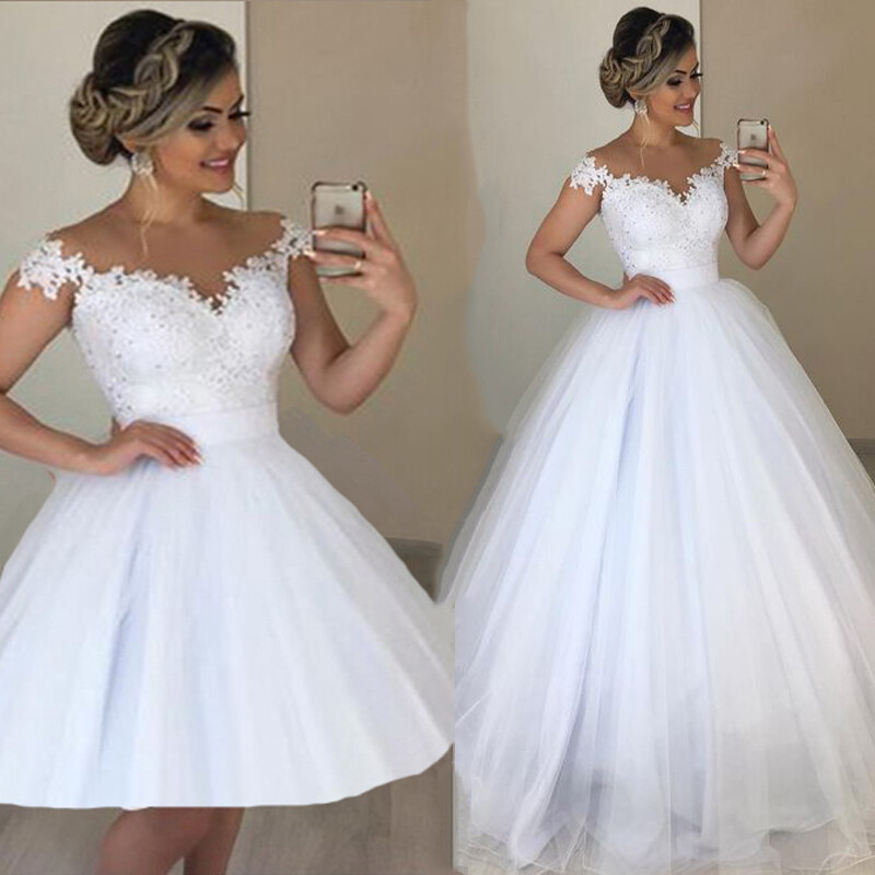 New Wedding Dresses With Detachable Skirt Cap Sleeves Lace Applique Bridal Gown - Picture 11 of 12