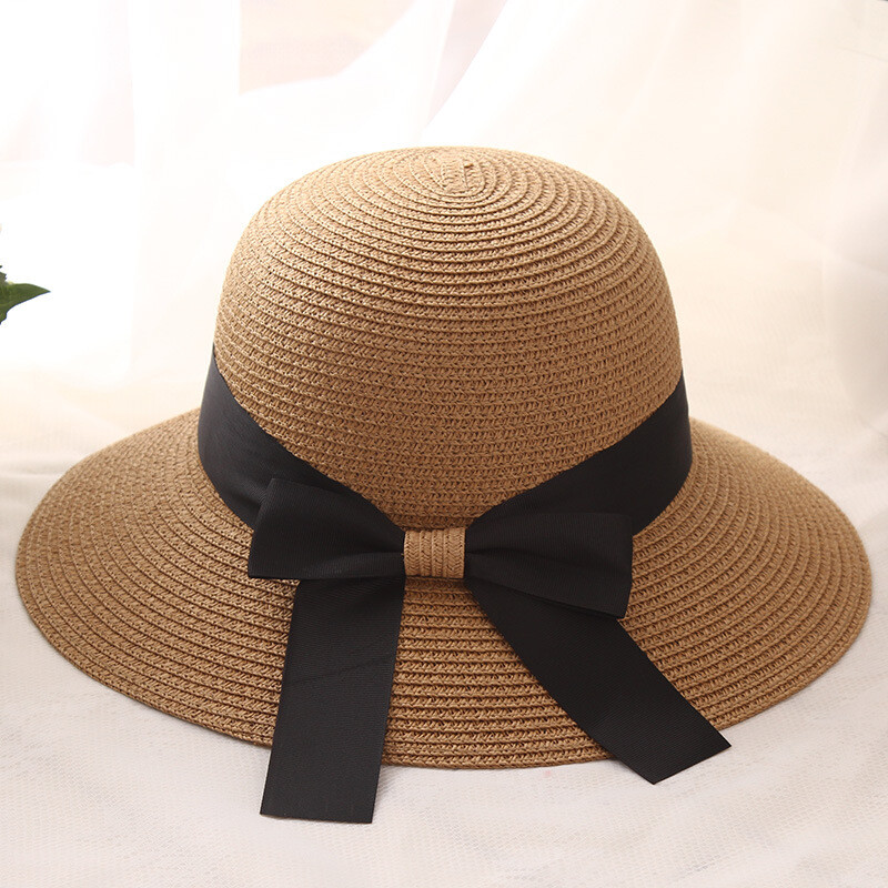 Foldable Ladies Women Summer Sun Beach Floppy Derby Hat Bucket Brim Straw Ribbon - Picture 11 of 12