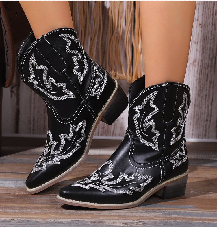 Women's Pointed Toe Cowgirl Cowboy Boots Mid Wide Calf Western Shoes Party Boots