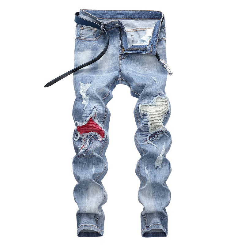 Men’s Casual Light Colored Elastic Motorcycle Pants with Torn Middle Waist Jeans