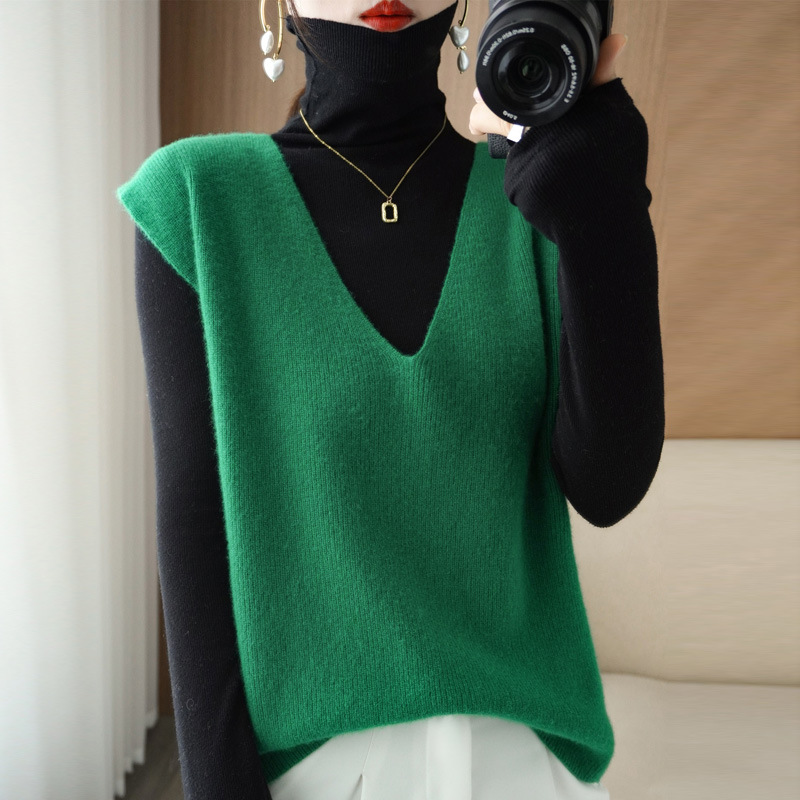 Wool Blend Cashmere Women's V-Neck Loose Solid Color Pullover Outer Knitted Vest - Picture 8 of 8
