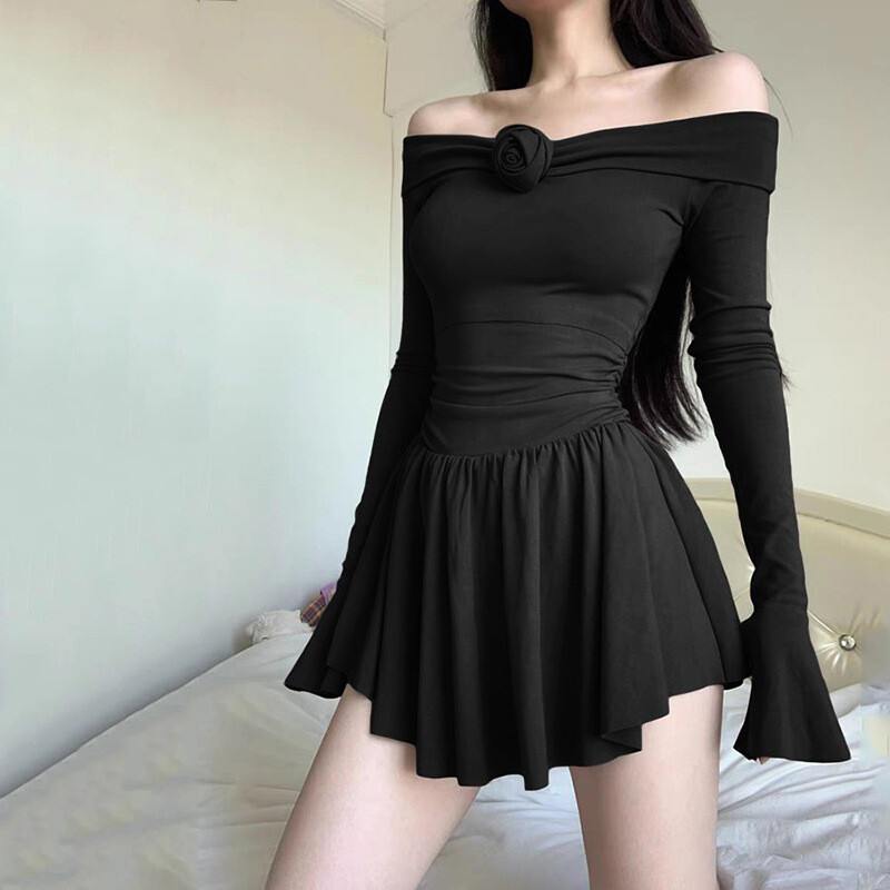 Damen Sexy Schwarz Blumen Schulterfrei Langarm Schmal Hohe Taille Partykleid - Bild 7 von 16