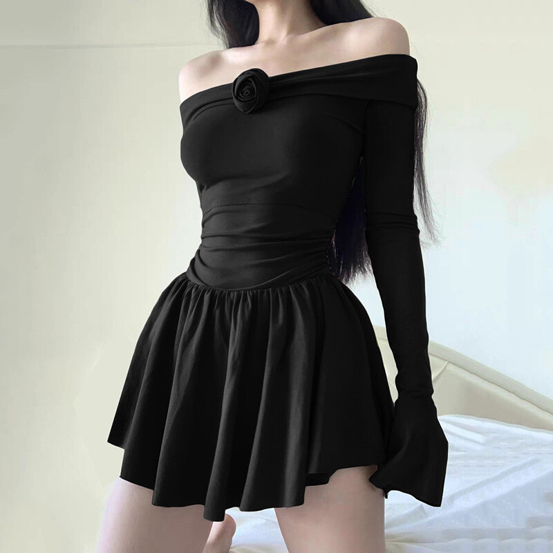 Damen Sexy Schwarz Blumen Schulterfrei Langarm Schmal Hohe Taille Partykleid - Bild 8 von 16
