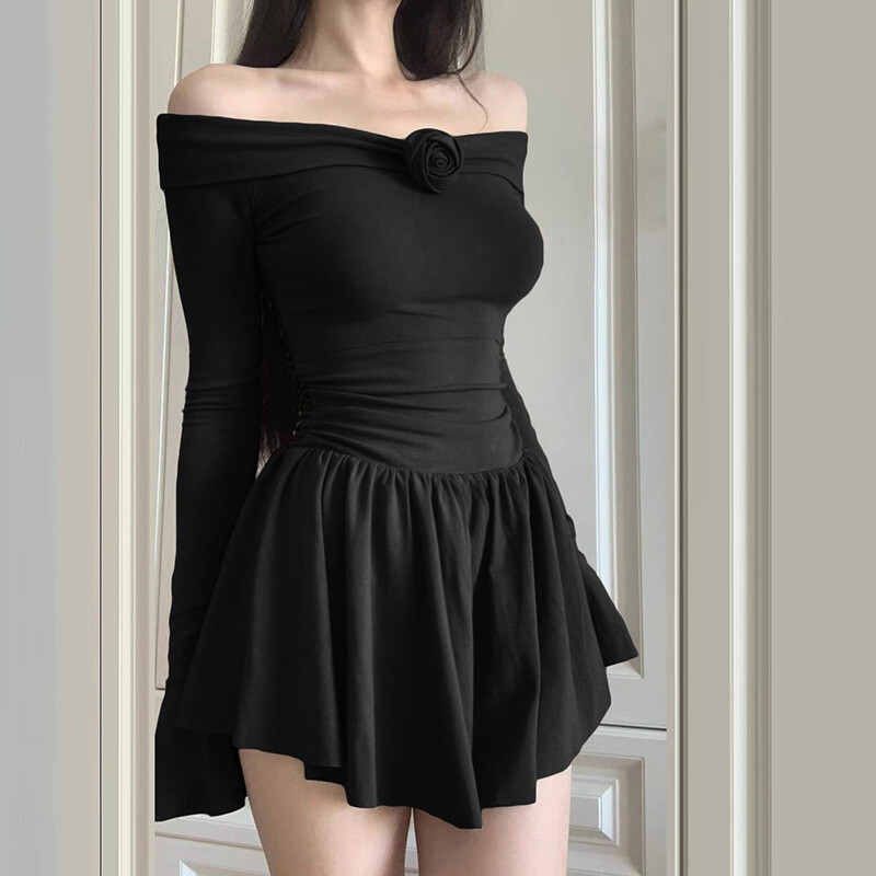 Damen Sexy Schwarz Blumen Schulterfrei Langarm Schmal Hohe Taille Partykleid - Bild 10 von 16