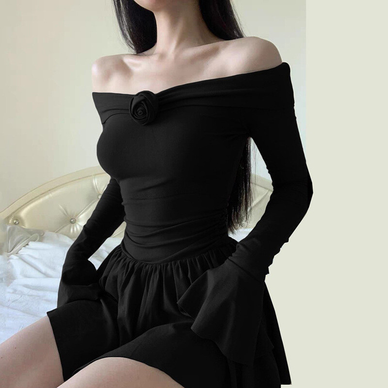 Damen Sexy Schwarz Blumen Schulterfrei Langarm Schmal Hohe Taille Partykleid - Bild 11 von 16
