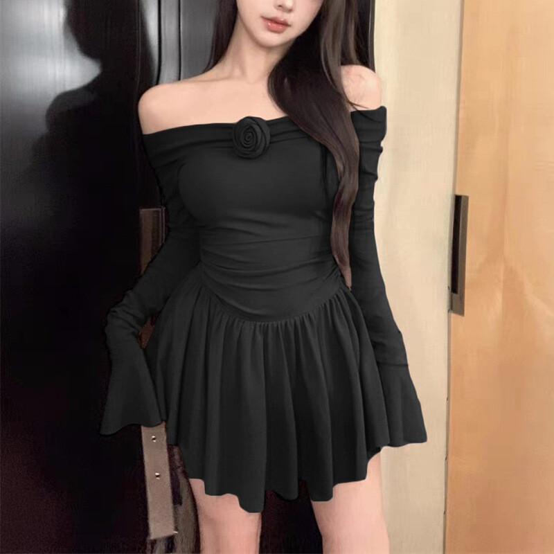 Damen Sexy Schwarz Blumen Schulterfrei Langarm Schmal Hohe Taille Partykleid - Bild 12 von 16