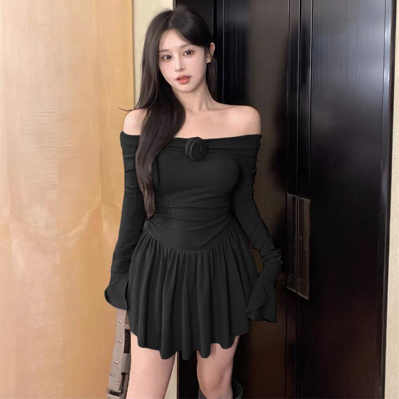Damen Sexy Schwarz Blumen Schulterfrei Langarm Schmal Hohe Taille Partykleid - Bild 13 von 16