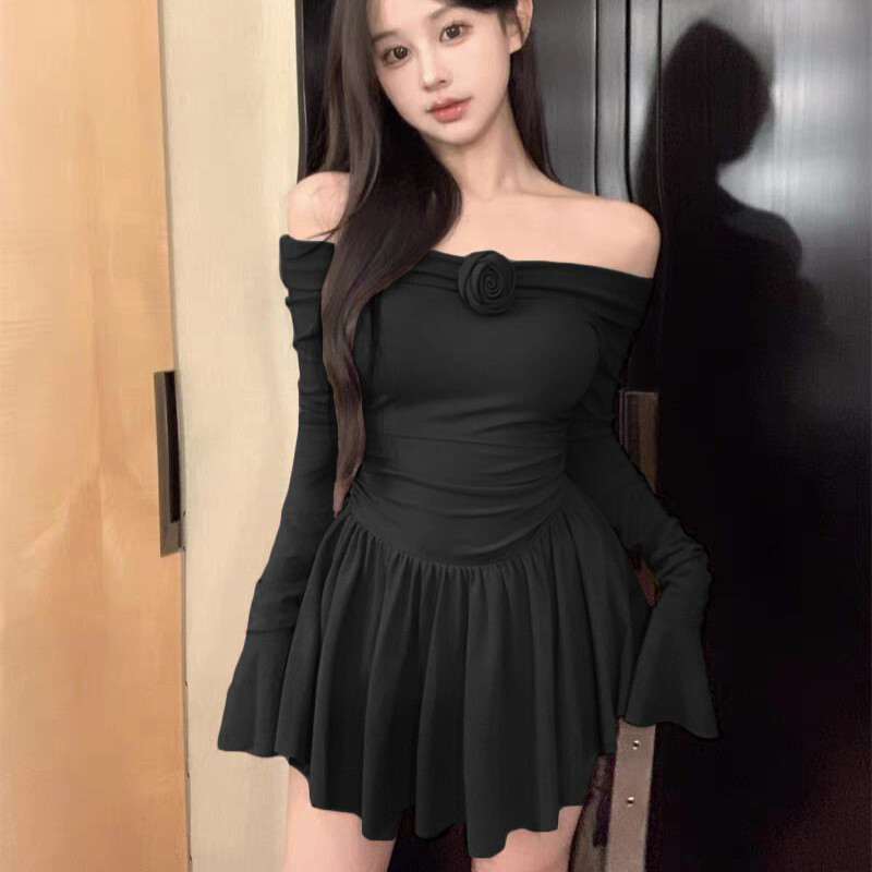 Damen Sexy Schwarz Blumen Schulterfrei Langarm Schmal Hohe Taille Partykleid - Bild 14 von 16