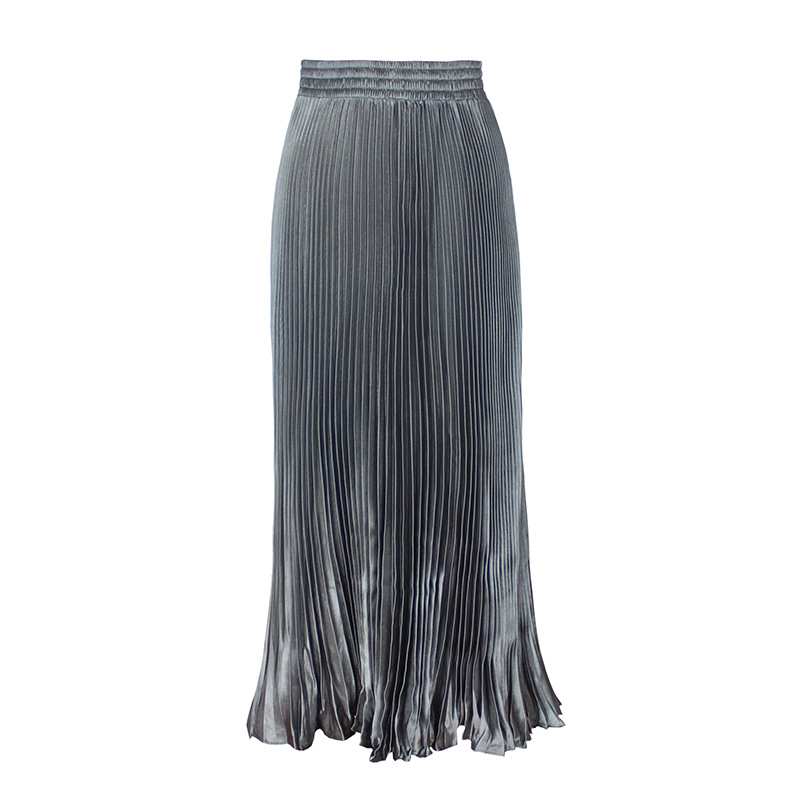 Women's Casual Metallic Luster Pleated Skirt Organ Skirt Solid Color Long Skirt - Picture 12 of 28
