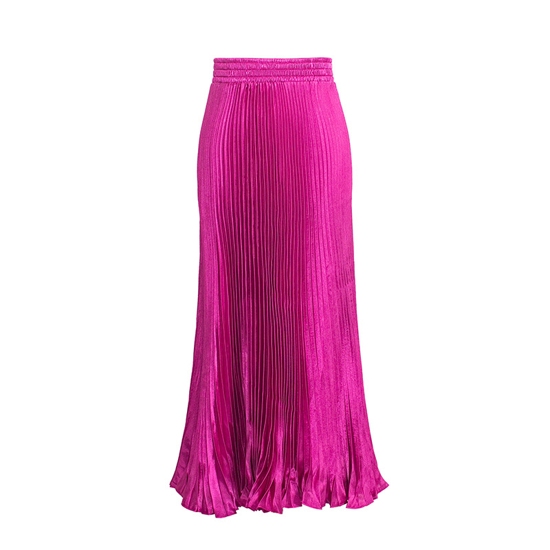 Women's Casual Metallic Luster Pleated Skirt Organ Skirt Solid Color Long Skirt - Picture 24 of 28