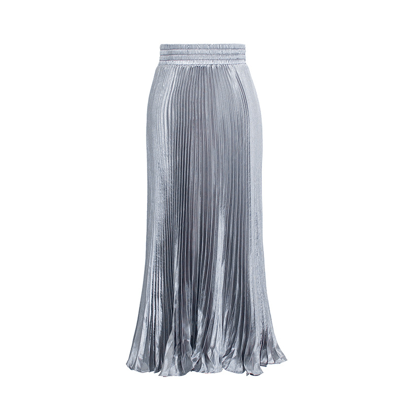 Women's Casual Metallic Luster Pleated Skirt Organ Skirt Solid Color Long Skirt - Picture 25 of 28