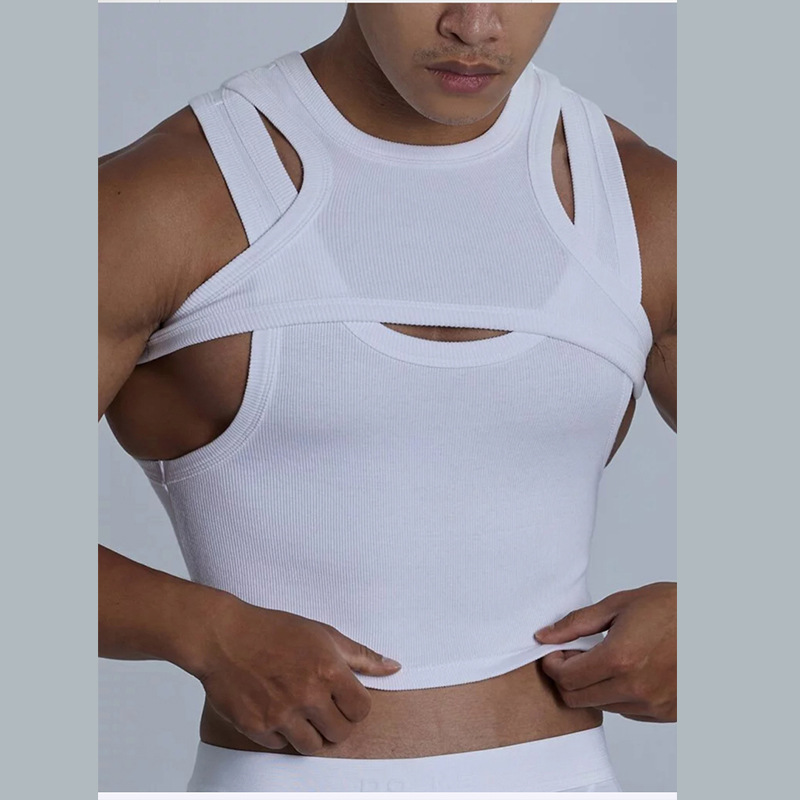 2Piece Men’s Street Fashion Sexy Tight Fitting Irregular Vest Sling T-Shirt