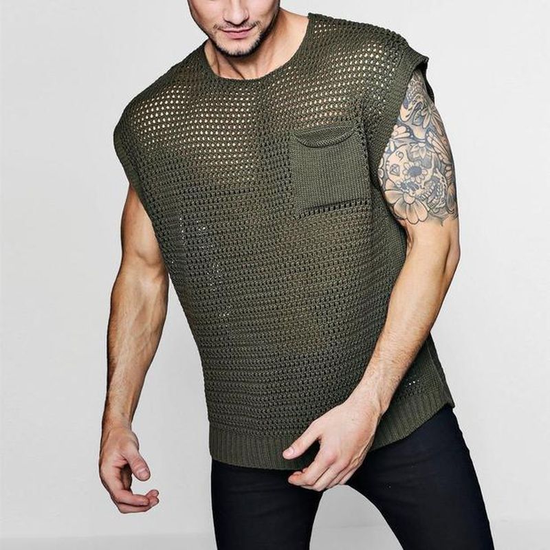 Casual Sexy Hollow Out Knitted Men’s Top Mesh Fashion Personality Tank Top