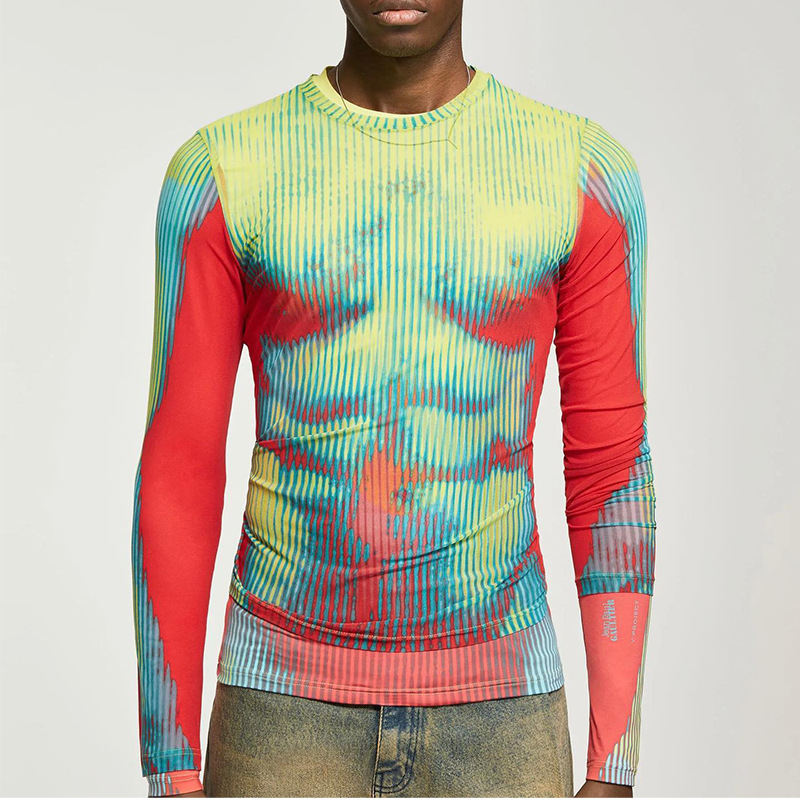 Men’s Autumn Tight Long Sleeve Sexy Top Striped Print Round Neck Elastic T-Shirt
