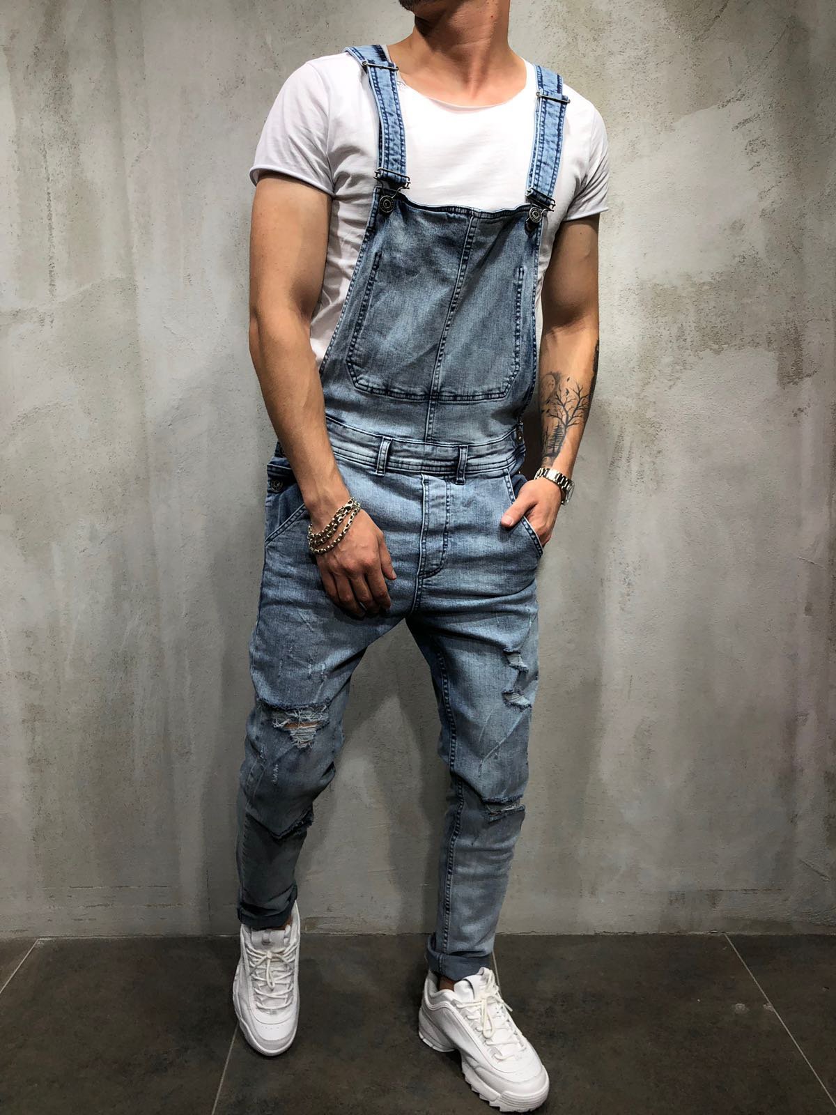Mens Casual Jeans Straps Suspenders Denim Slim Fit Pants Jumpsuit Pants Trousers - Picture 9 of 10