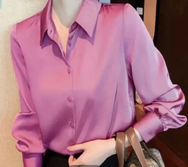 Lapel Buckles Autumn Button Up Satin Silk Shirt Vintage Blouse Women Lady Long