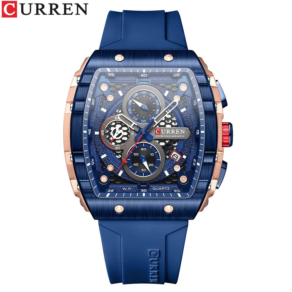 Mens Luxury Sports Watches Chronograph Date Waterproof Rubber Band Tonneau Watch