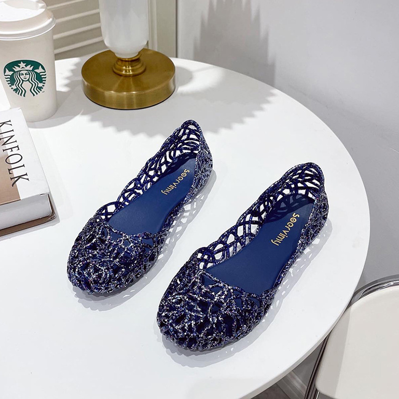 Jelly Shoes Beach Sandals Slip On Summer Flats Hollow Out Crystal Women Ladies