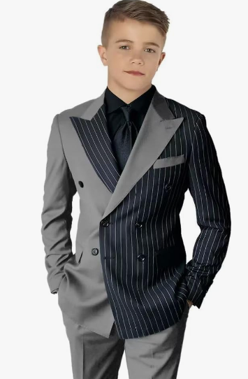 Striped Block Boy Suits Double Breasted Jacket Casual Kids Tuxedo Blazer Pant - Picture 29 of 40