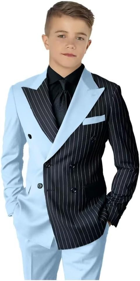 Striped Block Boy Suits Double Breasted Jacket Casual Kids Tuxedo Blazer Pant - Picture 28 of 40